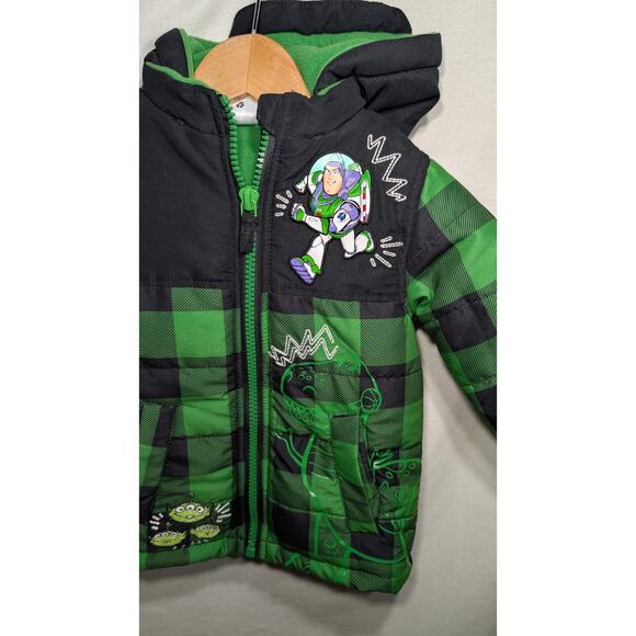 Disney Store Toy Story Hooded Puffer Jacket Boys 3T Green Black Plaid Buzz Woody - Picture 5 of 7